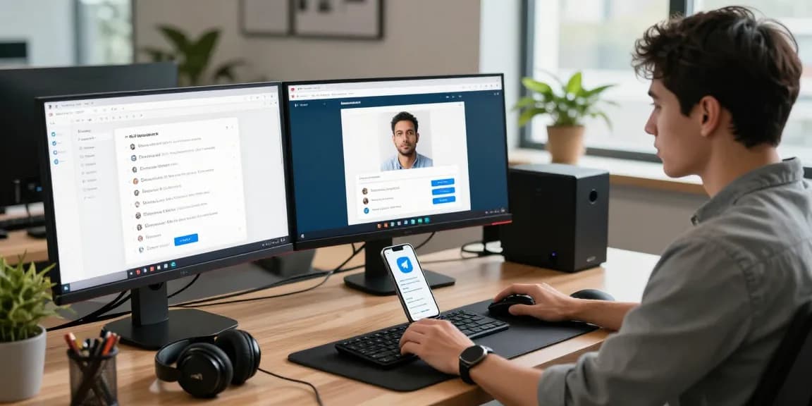 Engaged user navigating the Telegram Web Version amidst a modern tech workspace, showcasing productivity and communication tools.