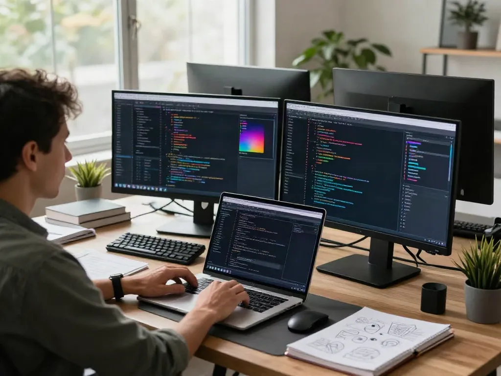 Developer utilizing a GEO tool in a tech workspace filled with coding resources and data visuals.