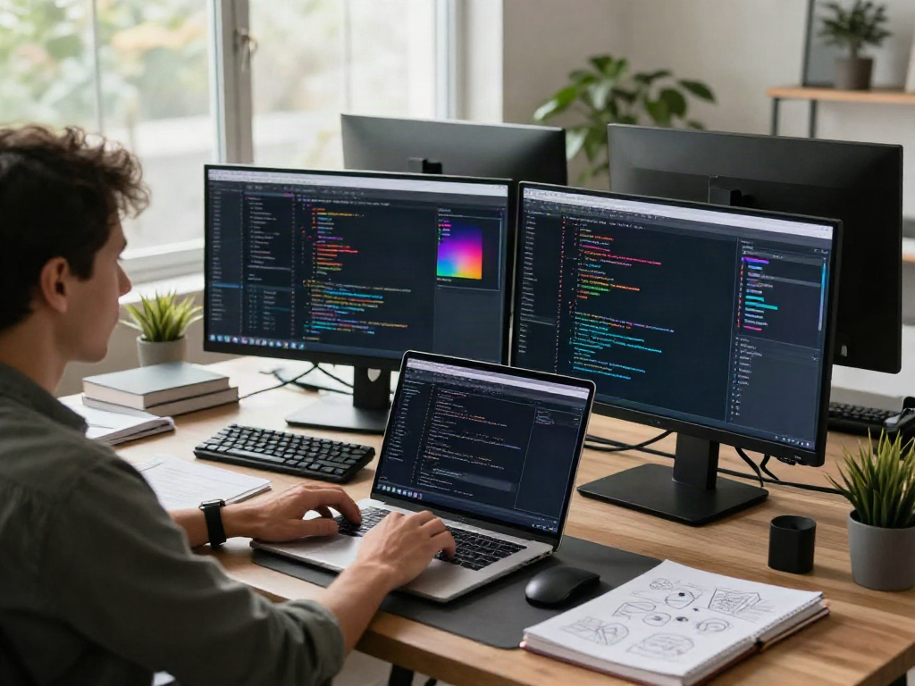 Developer utilizing a GEO tool in a tech workspace filled with coding resources and data visuals.