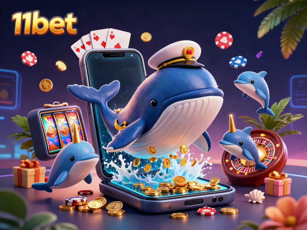 Experience the thrill of 11bet with a vibrant 3D casino illustration showcasing dynamic gambling elements.