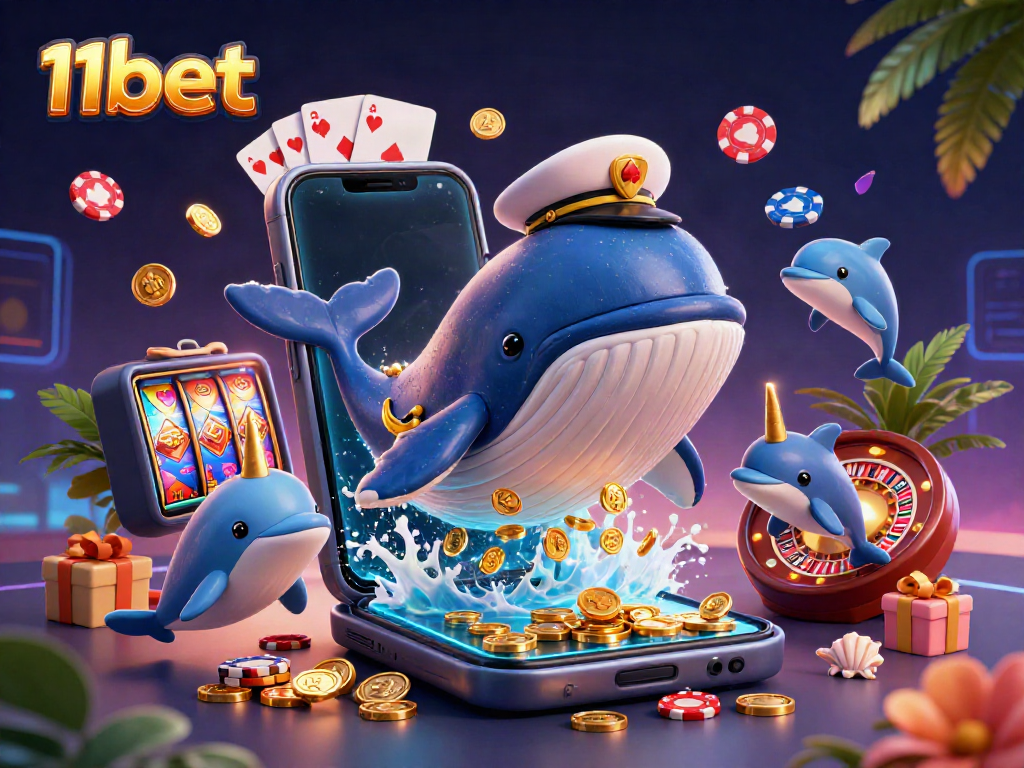 Experience the thrill of 11bet with a vibrant 3D casino illustration showcasing dynamic gambling elements.