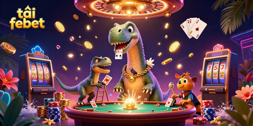 Experience excitement as a brontosaurus watches a raptor deal cards at a vibrant casino while you tải febet.