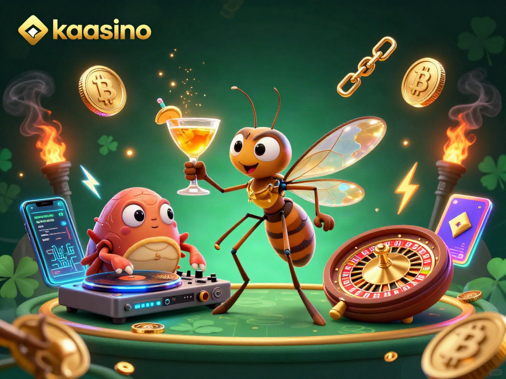 Engage with kaasino through a vibrant 3D casino scene featuring crypto elements and unique mascots.