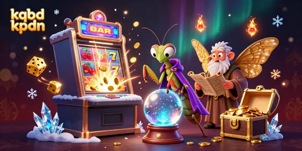 Engaging kqbd kpdn scene showcasing a mystical fortune teller and a librarian amid casino themes and vibrant elements.