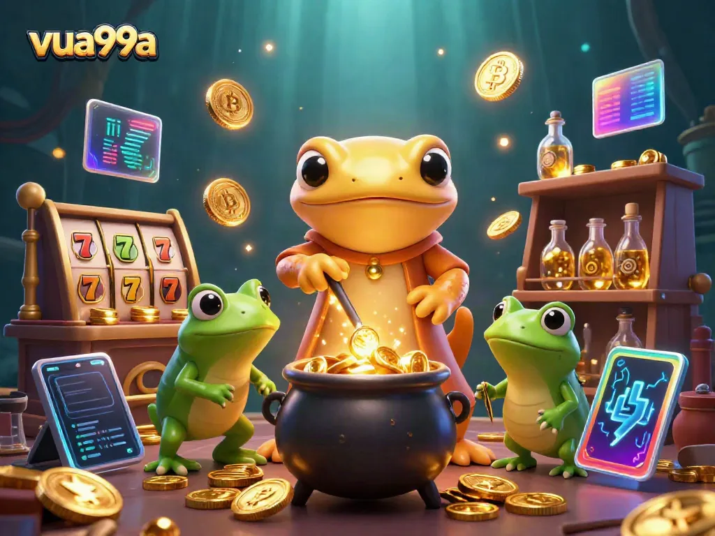Experience exciting slots and jackpots at vua99a with 3D alchemist characters transmuting gold in a vibrant scene.
