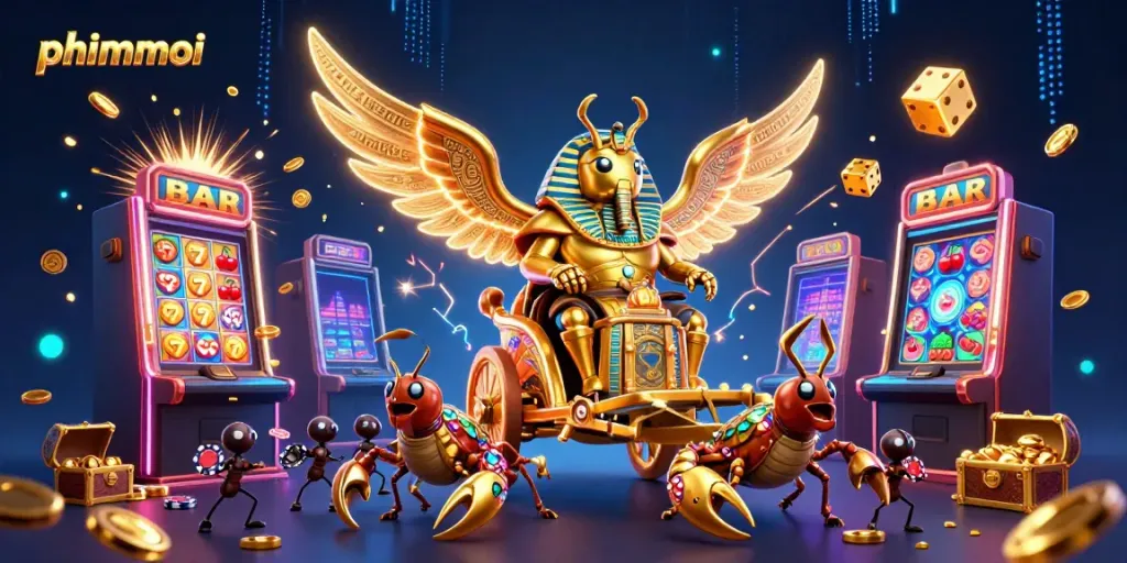 Experience thrilling gameplay with phimmoi as a colossal golden scarab rides a chariot amidst a jackpot explosion.