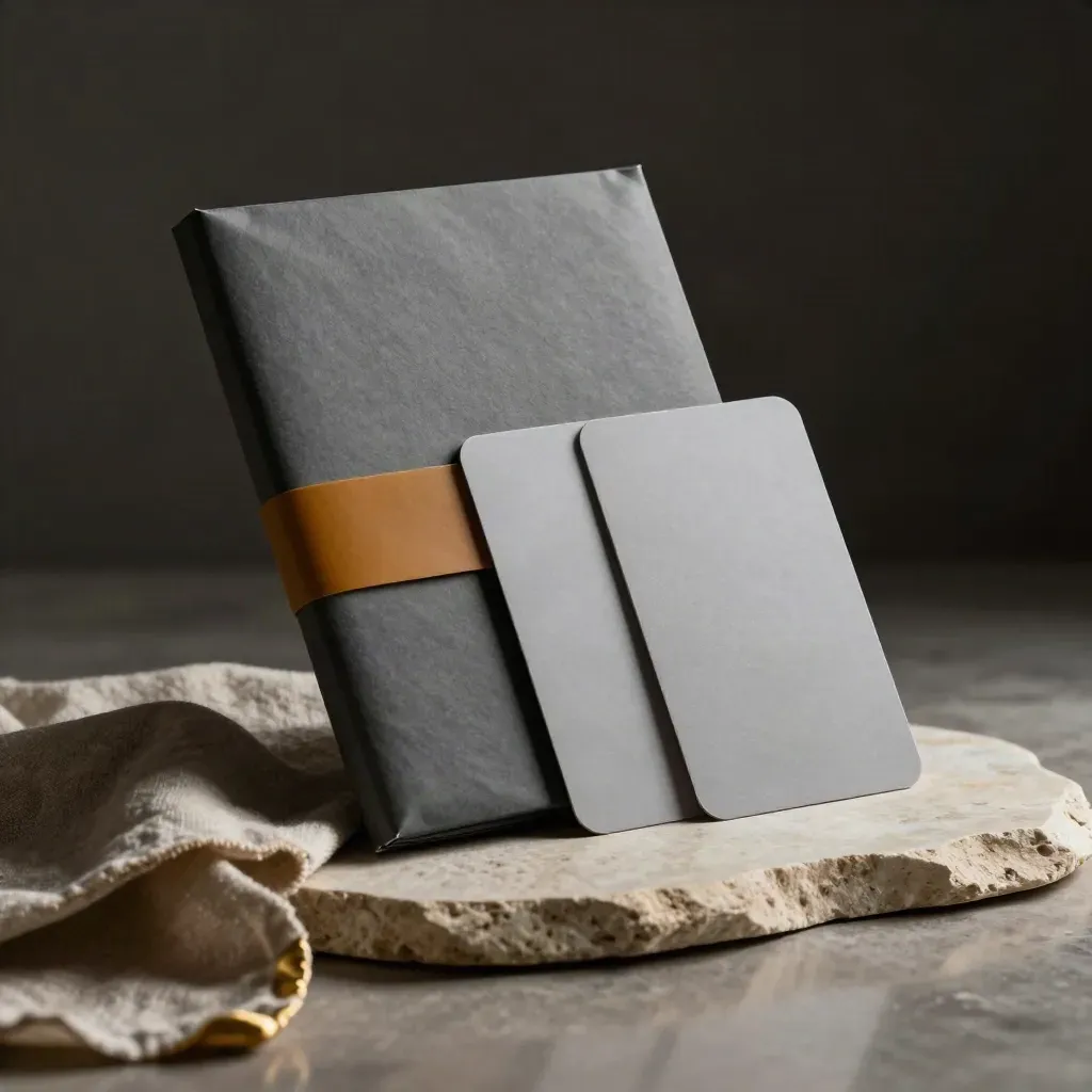 Starterspakket met folder en kaarten op steen in dramatisch licht