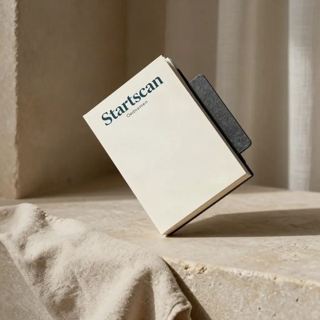 Startscan Ondernemen-pakket met tabbladen en steenpapiergewicht op warme pleisterrand.