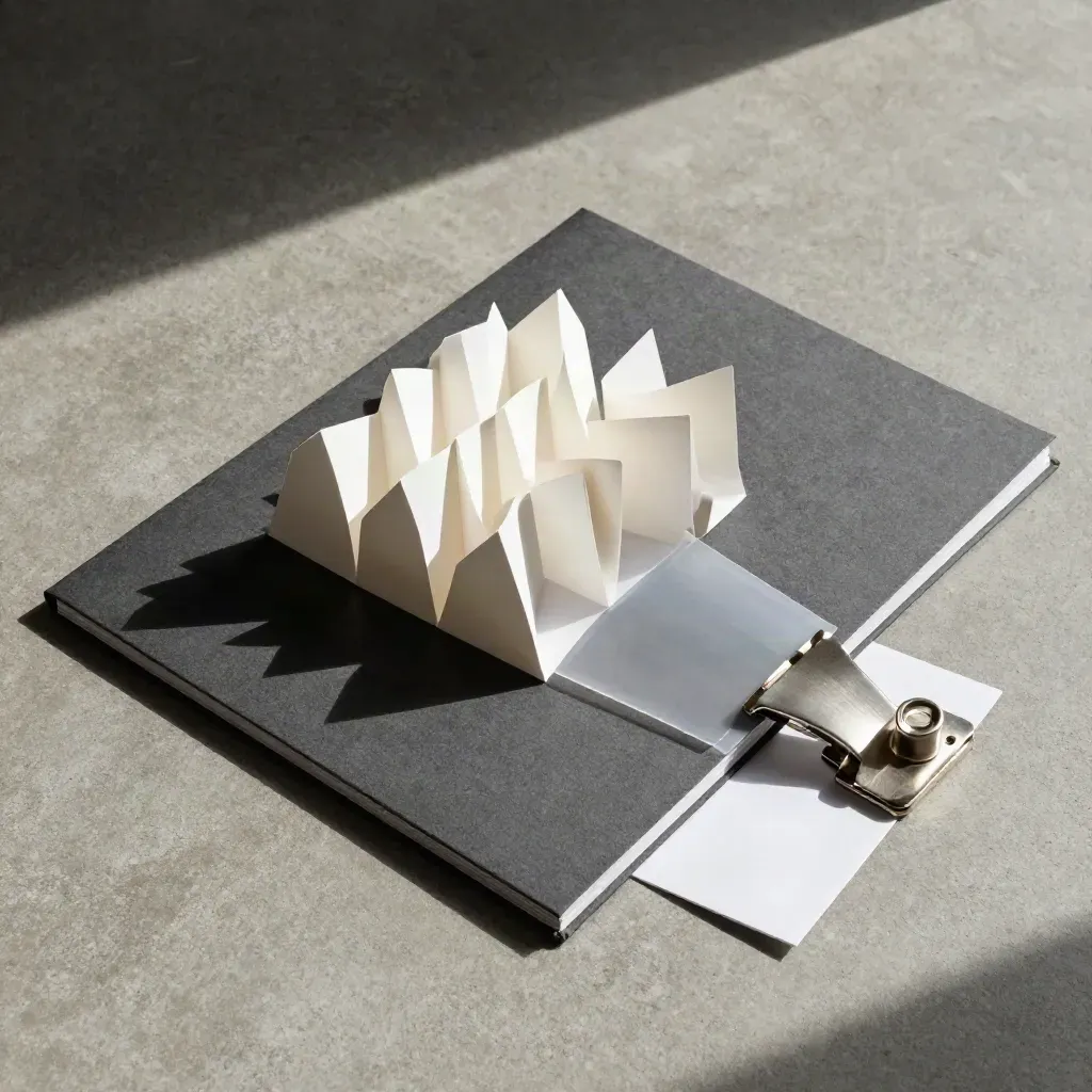 Bovenaanzicht van een businessplanmap met uitgevouwen inserts en een stalen clip op beton.
