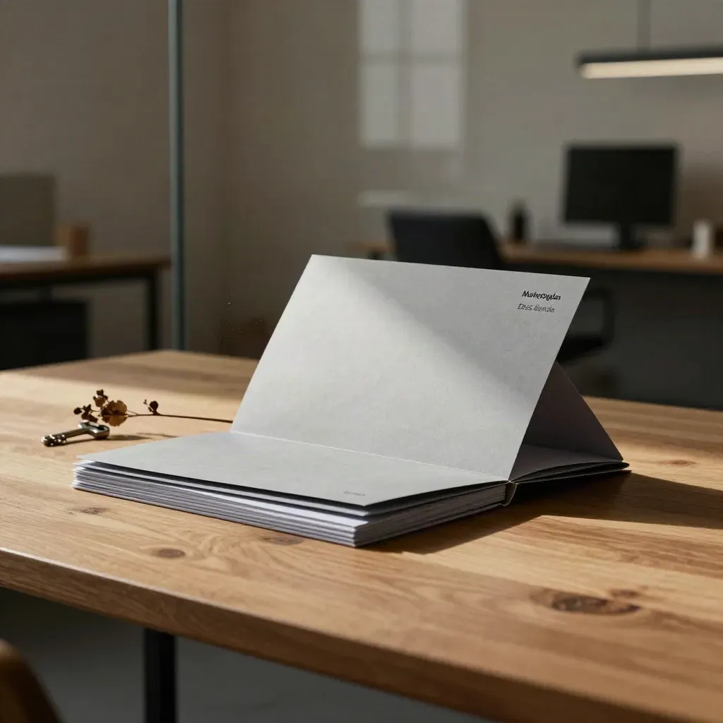 Marketingplan-bundel op een warme houten tafel in zacht daglicht met droge tak.
