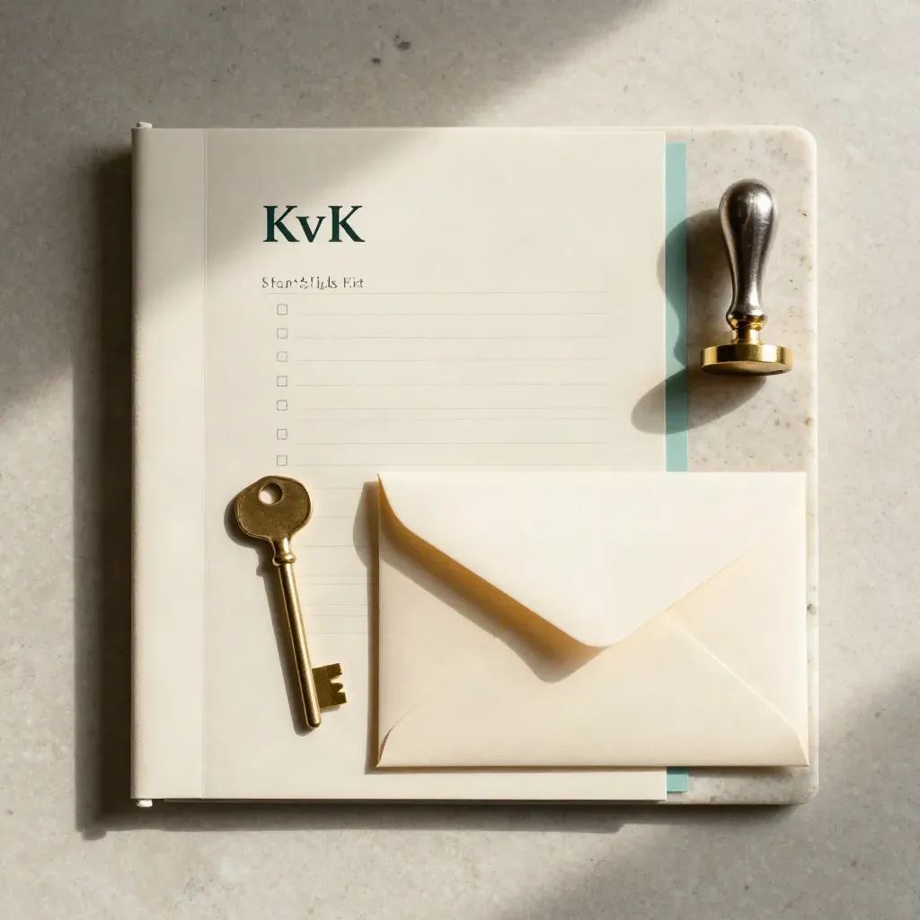 Bovenaanzicht van een KvK-startgids met map, sleutel, zegelblok en envelop op travertin.