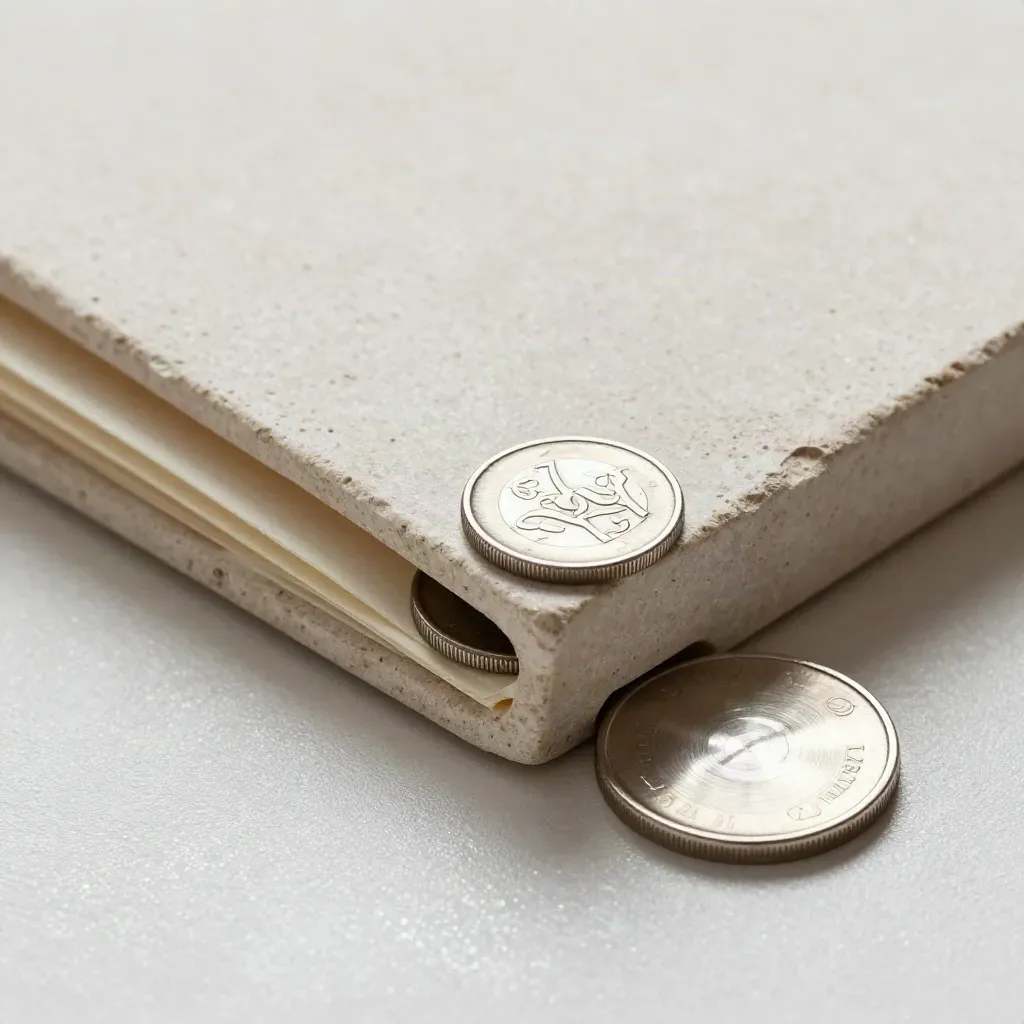 Close-up van een stenen financieringsmap met drie metalen schijfjes en een glanzend schaaltje.