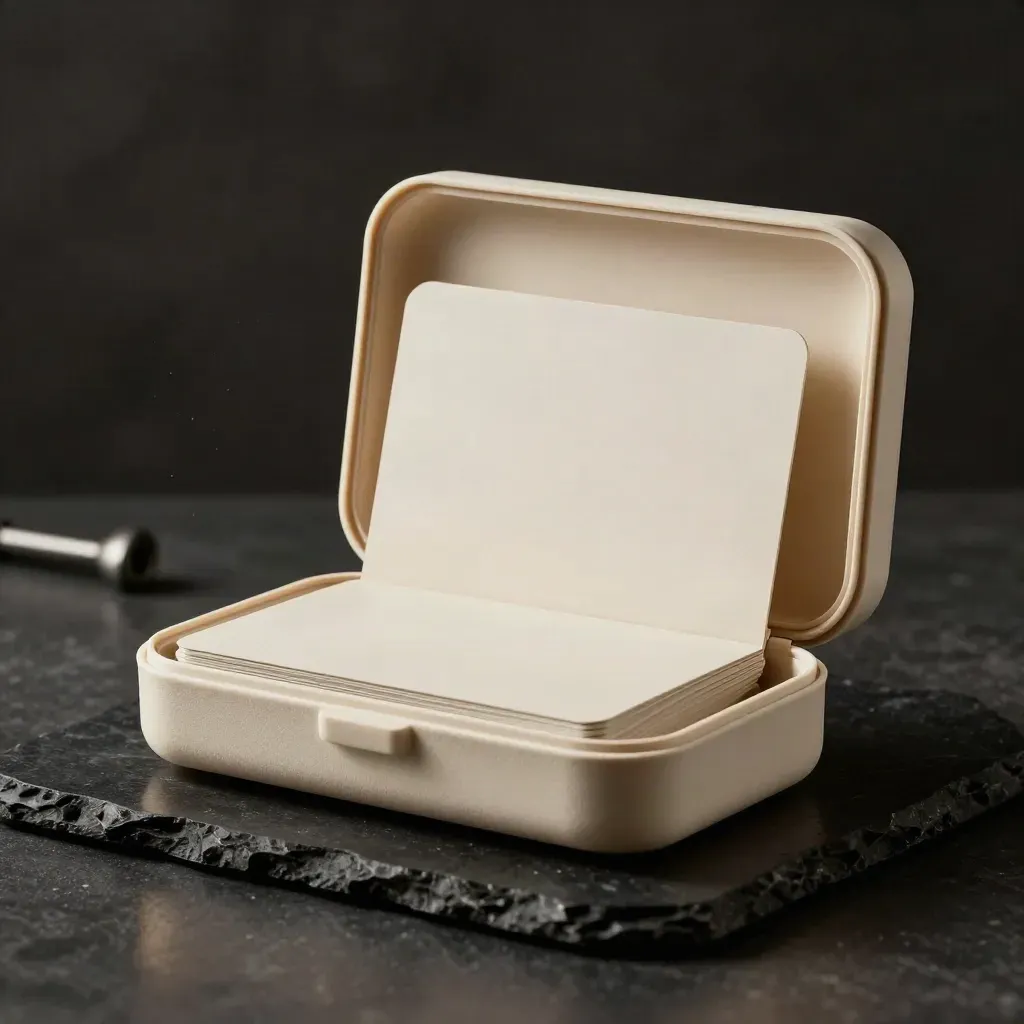Creamkleurige coachingset met kaart en tabblad op zwarte steen, dramatisch verlicht.
