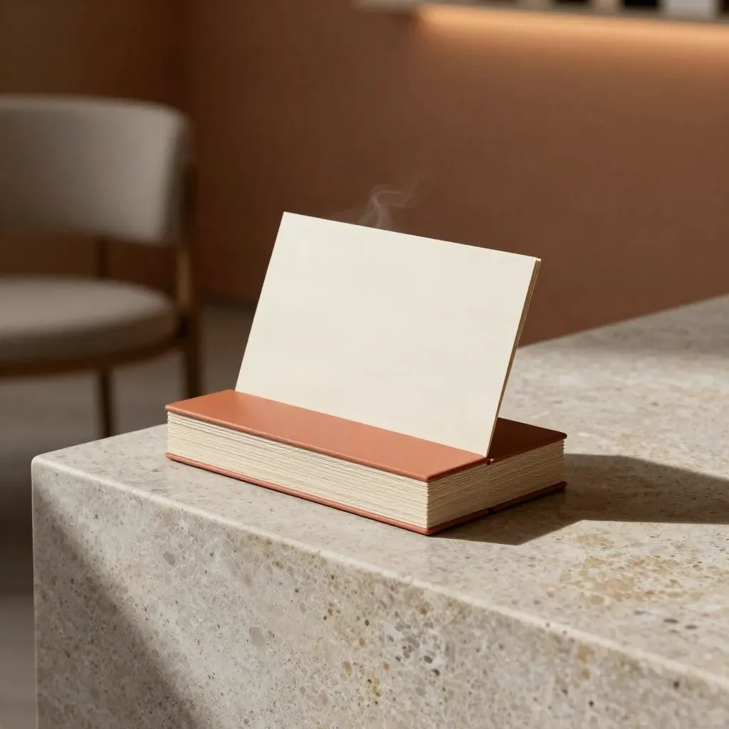 Marketing Sprint bundel met kaarten en steen in terracotta licht, met zachte wind en luxe sfeer