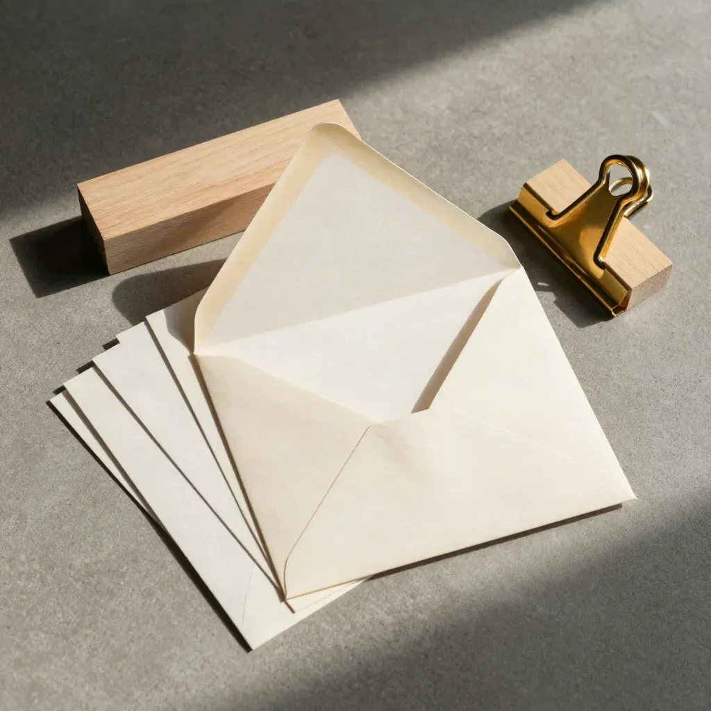 Open set met sjabloonkaarten, envelop, brass clip en houten blok op beton