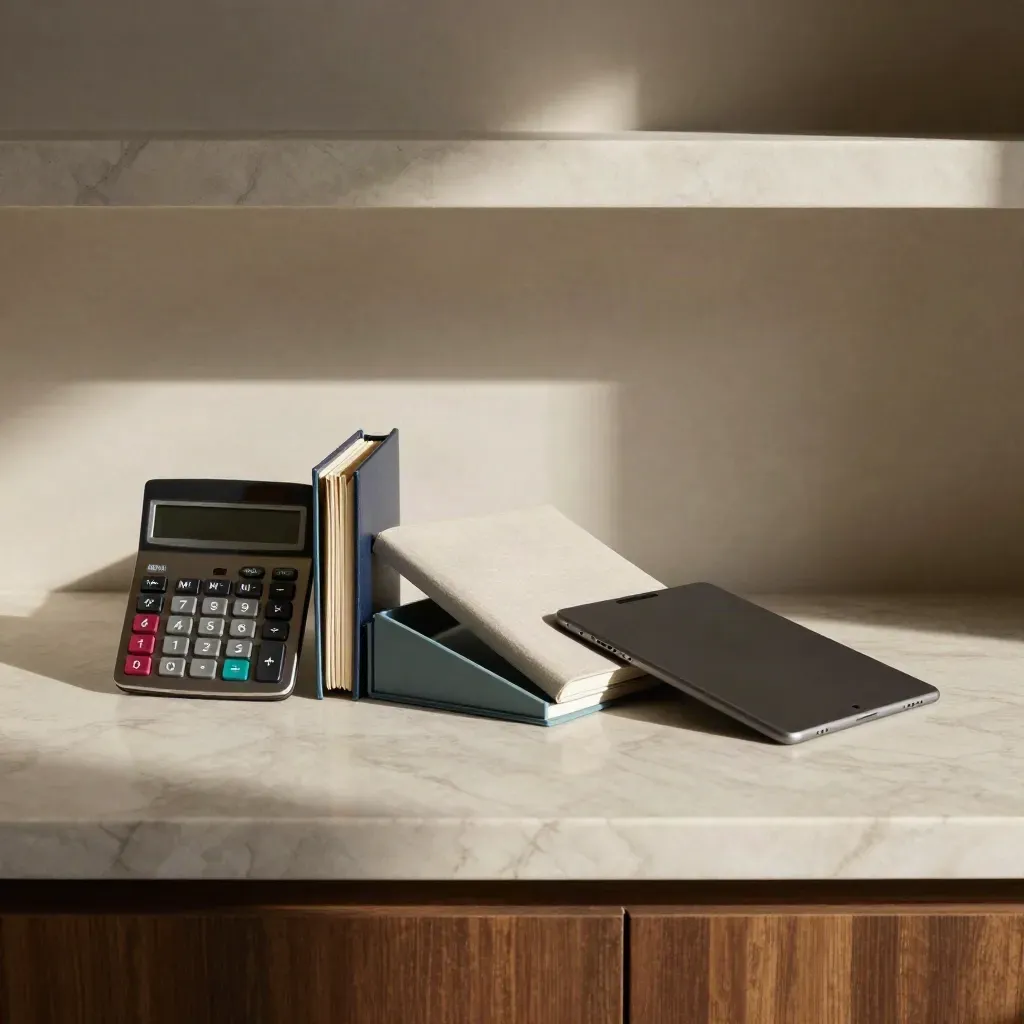 Marmeren werkblad met calculator, mappen en teal accenten onder zacht ochtendlicht.