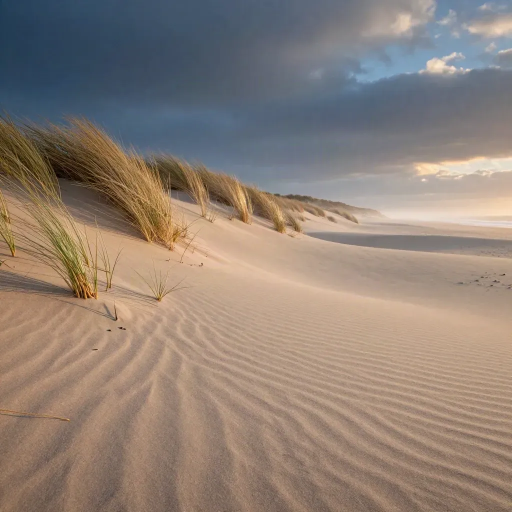 Duinrug bij blue hour met zacht zand, helmgras en hoge wolkenlucht.