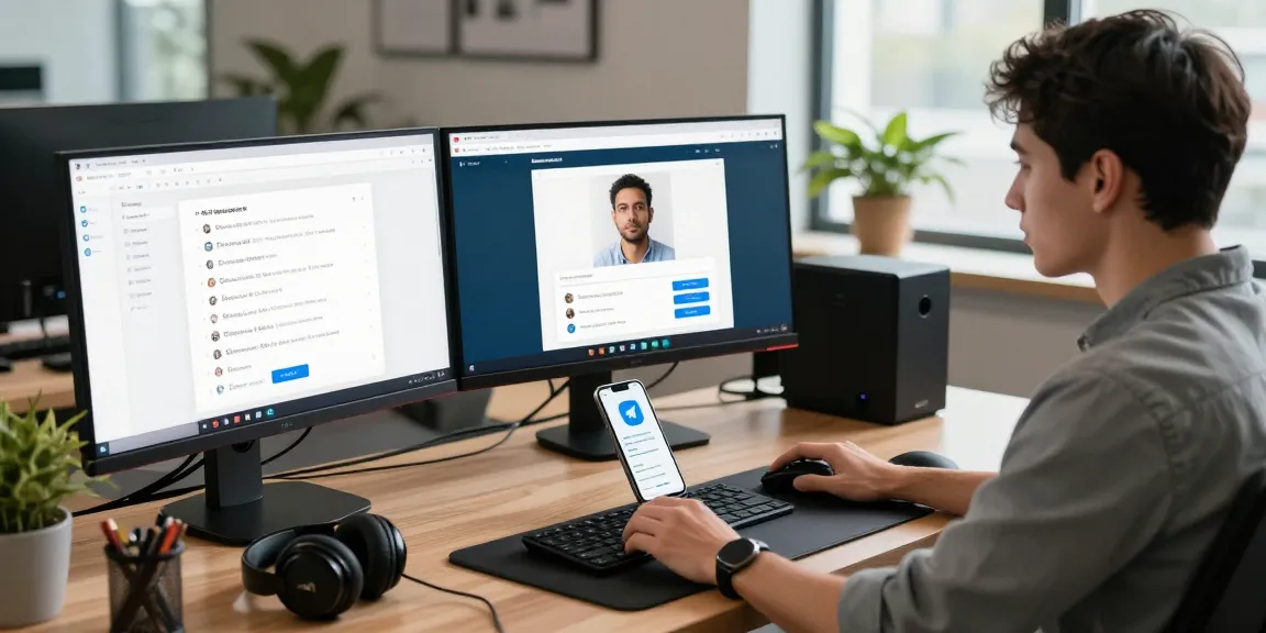 Engaged user navigating the Telegram Web Version amidst a modern tech workspace, showcasing productivity and communication tools.