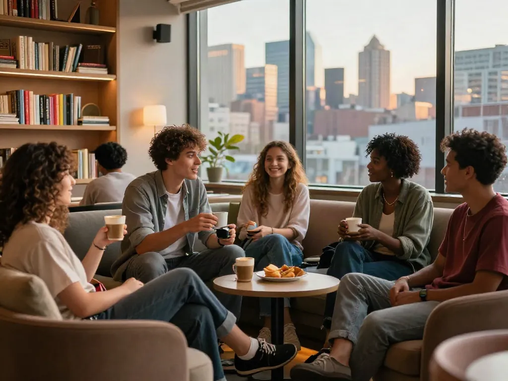 Engaging friends at ROKOK 88 in a modern urban lounge, sharing stories over coffee.