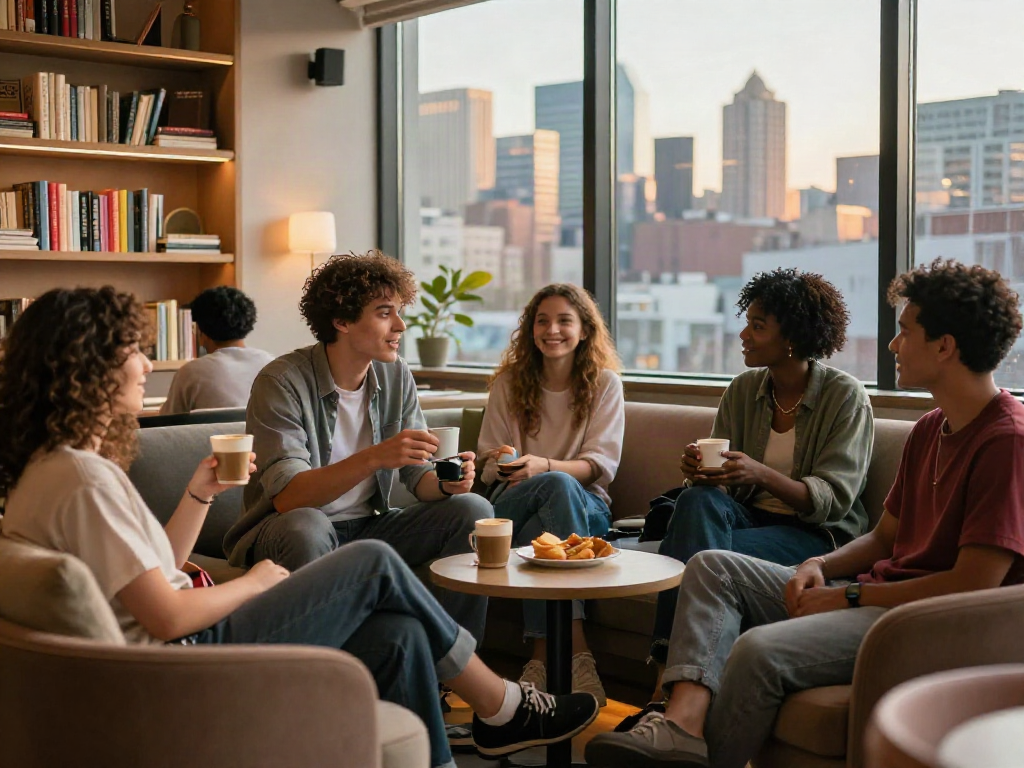 Engaging friends at ROKOK 88 in a modern urban lounge, sharing stories over coffee.