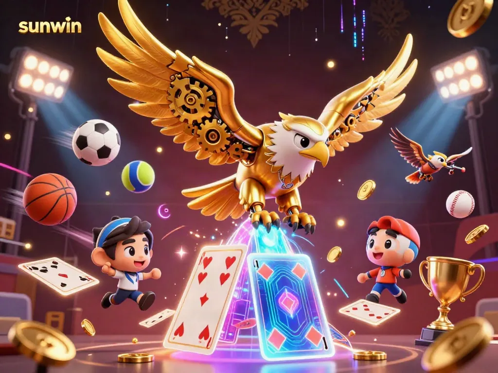 Engage with sunwin's thrilling gaming experience in this vibrant 3D illustration, featuring a soaring eagle amidst dynamic sports elements.