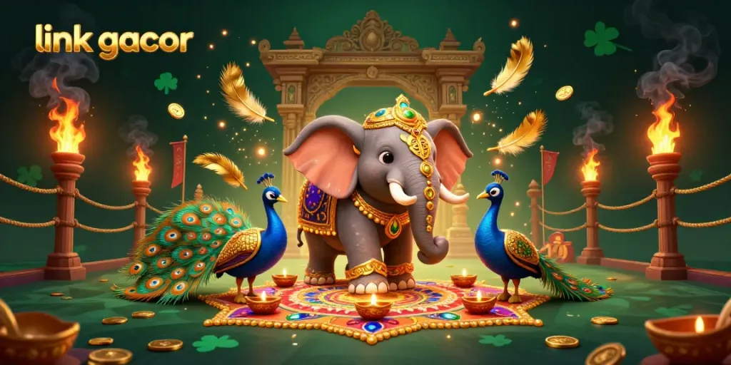 Engage with "link gacor" in this vibrant casino-themed illustration showcasing an elephant and peacock.