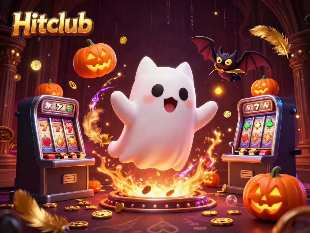 Experience the magic of Hitclub with a ghost cat and vampire bat in a haunted casino scene.