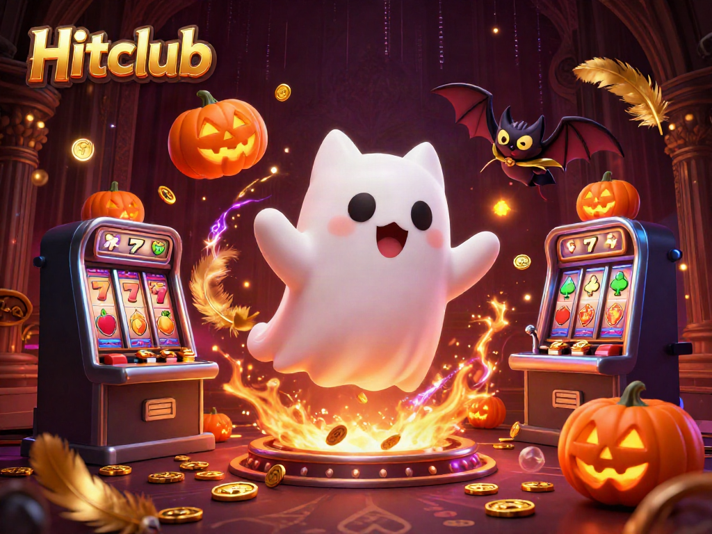 Experience the magic of Hitclub with a ghost cat and vampire bat in a haunted casino scene.