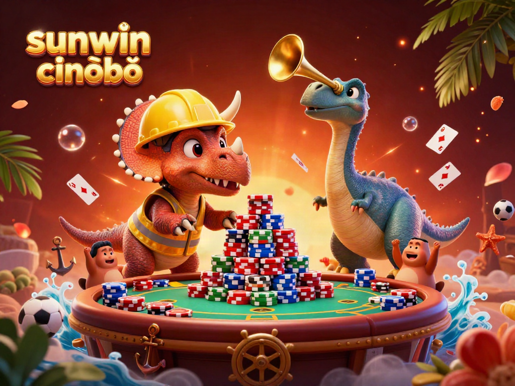 Players enjoy table games with sunwin chính chủ at an animated cartoon casino scene filled with poker elements.