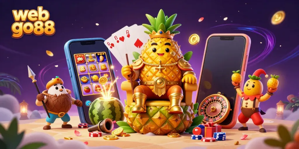 Engage with web go88 as the golden pineapple king reigns over an animated beach casino filled with games.