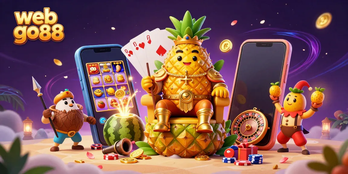 Engage with web go88 as the golden pineapple king reigns over an animated beach casino filled with games.