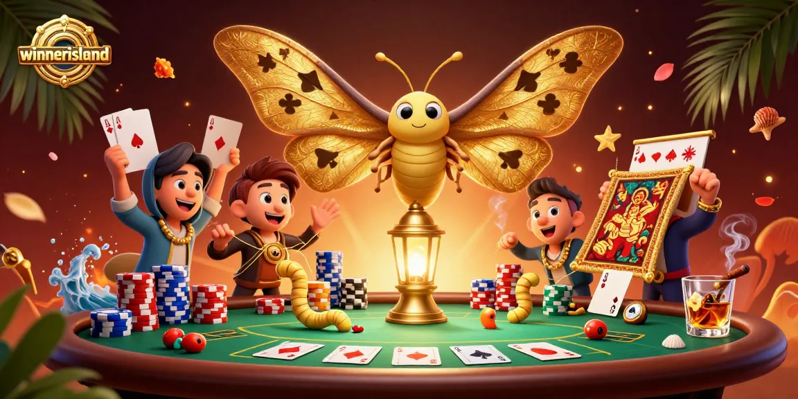 Experience the thrill of winnerisland casino with vibrant 3D illustration featuring golden card-suited moth and dynamic gaming elements.