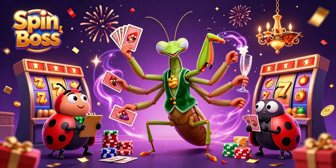 Spin Boss illustration featuring a giant mantis and ladybug in a vibrant casino scene.