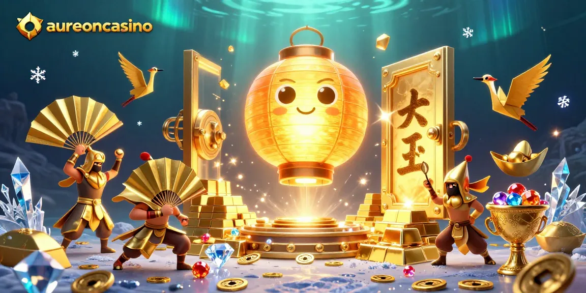 Aureoncasino showcases a vibrant 3D illustration of lucky symbols and golden treasures in an exciting casino backdrop.